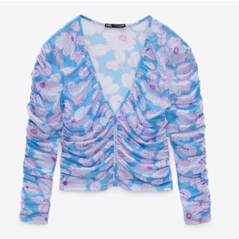 Floral Blue and Purple Ruched Top